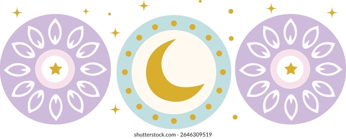Lua crescente com tema de pastel ladeada por mandalas. Ótimo para celebrações islâmicas, visuais de festivais decorativos, designs do Eid ou gráficos de saudação do Ramadã.