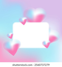 A pastel-themed design featuring a white rectangular frame surrounded by soft pink and blue gradient hearts, set against a gradient background blending light pink and blue hues.