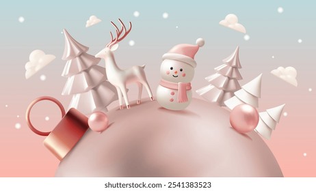 A pastel-themed winter wonderland featuring a smiling snowman, elegant reindeer, and stylized snow-covered trees against a soft gradient sky, evoking warmth and holiday cheer