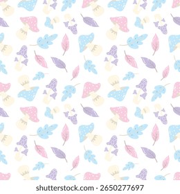 Cogumelos e folhas em tons de pastel sobre um fundo branco. Padrão contínuo de outono para roupas, tecido, papel de parede, pano de fundo, decoração de casa, livro de capa e arte de parede. 