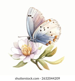A pastel-toned butterfly delicately rests on a blossom, showcasing intricate details in watercolor style.