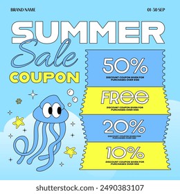 A pastel-toned, cute summer season hand-drawn illustration discount event coupon advertisement template