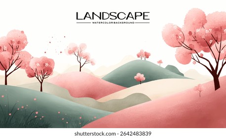Pastel-toned landscape illustration with pink trees and hills.
