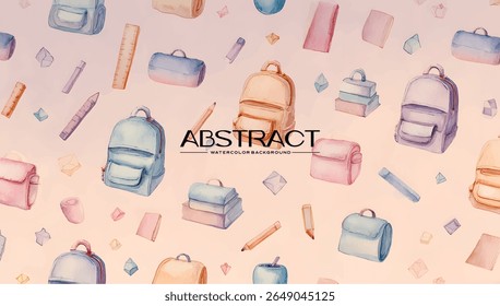 Pastel-toned watercolor illustration of school supplies and bags.