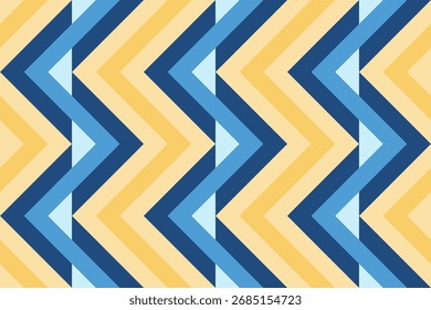 Paster blue yellow chevron zigzags, diamonds, and optical illusion, seamless geometric vector pattern . Bold abstract design background, fabric, wallpaper, cover design, muted retro colors,
