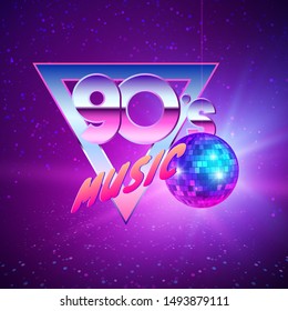 Paster template for disco party 90s. Neon colors and mirror ball on background. Vintage music flyer. Vector illustration