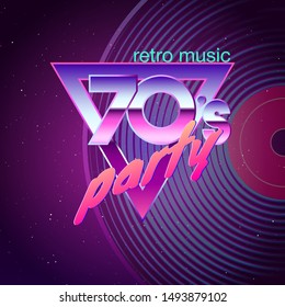 Paster template for retro disco party 70s. Neon colors and vinyl record on background. Vintage music flyer. Vector illustration
