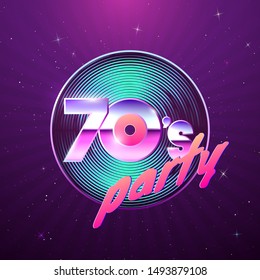 Paster template for retro disco party 70s. Vinyl record and neon colors element of 1970 style. Vintage music flyer. Vector illustration