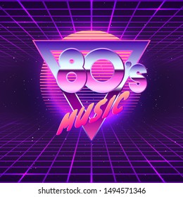 Paster template for retro party 80s. Neon colors. Vintage electronic music flyer. Vector illustration