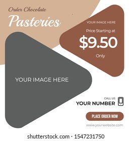 Pasteries post with rounded triangle shapes social media template to promote your brand and advertise on different social media channels. Show sale, offers and discount with these creative designs