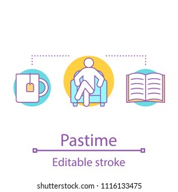 Pastime concept icon. Procrastination idea thin line illustration. Time for rest. Reading book with cup of tea. Waiting. Vector isolated outline drawing. Editable stroke
