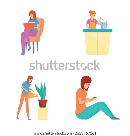 Pastime concept icons set cartoon vector. Young woman doing various activity. Occupation, hobby
