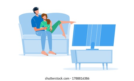 Pastime Couple Family Watching Tv Together Vector. Young Man And Woman Sitting On Couch And Watch Television Electronic Device, Passive Pastime. Characters Leisure Time Flat Cartoon Illustration