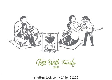 Pastime with family concept sketch. Doing barbecue together. Parents and children having fun outside, outdoors. Mother wiping sons face. Father hugging daughter. Isolated vector illustration