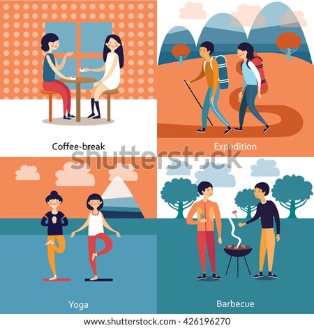 Pastime of friends concept with coffee break barbecue expedition yoga isolated vector illustration 