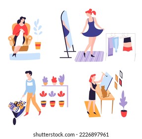 Pastime or hobby and leisure activity. Planting craft vector girl near mirror and man with flower pots reading. Knitting baking and planting painting clothes and plants book.