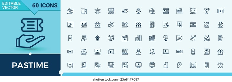 Pastime icon set. Contains related to alcohol, cinema, microphone, drink, trip, music, holiday and more. Thin outline icons pack. Solid line editable stroke. Vector line and solid icons.