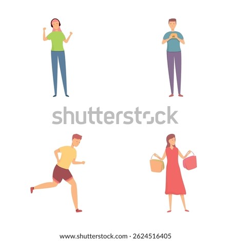Pastime icons set cartoon vector. People deal with stress differently. Hobby, stress management