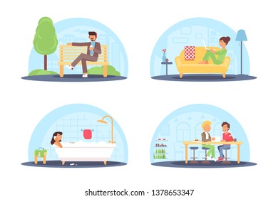 Pastime, leisure activities flat illustrations set. Male, female cartoon characters using modern gadgets. Woman taking bath, talking on phone. Man enjoying coffee break. Freelancer working on laptop