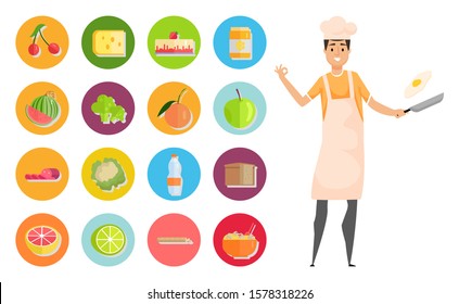 Pastime of man with frying pan vector, male hobby culinary art. Cherry and apple, peach and strawberry, broccoli and lime, lemon and vegetables set