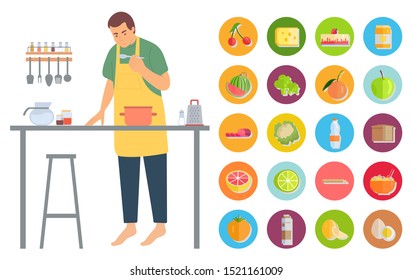 Pastime of man vector, isolated male wearing apron on pastime preparing food and dishes. Culinary art Cheese and cherry, apple and burger broccoli. Man at home cooking lunch
