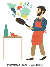 Pastime of person vector, isolated male with frying pan and vegetables. Veggies on table, sweet pepper and salad leaves, hobby of man leisure preparation