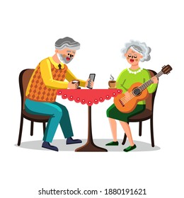 Pastime Of Senior Man And Woman Couple Vector. Elderly Grandfather Drinking Beverage And Using Smartphone, Grandmother Play On Guitar, Pastime Of Old People. Characters Flat Cartoon Illustration