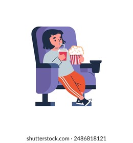 Pastime vector illustration: girl enjoying popcorn and soda while sitting in a chair. Ideal for children's entertainment graphics. Flat cartoon character, isolated background.