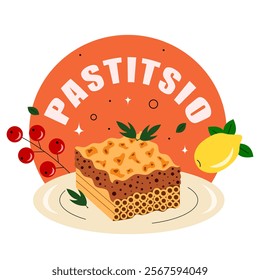 Pastitsio casserole with pasta and minced meat. Greek cuisine, dish, food. Vector illustration