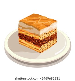 Pastitsio. Greek cuisine. Pasta with minced meat, cheese and bechamel cream baked in the oven. Traditional tastes. Food vector illustration.