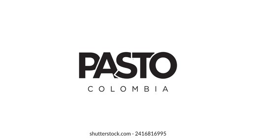 Pasto in the Colombia emblem for print and web. Design features geometric style, vector illustration with bold typography in modern font. Graphic slogan lettering isolated on white background.