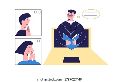 Pastor With Bible Conducts Church Services Online.  A Group Of People With Pastor Praying Online.  Church And Liturgy Concept. People Praying With Video Conference. Flat Vector Illustration 