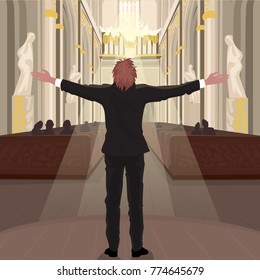 Pastor calls parishioners to pray. Man in black suit stands with arms outstretched inside Cathedral Church. Simplified realistic hand draw comic art style. Vector illustration