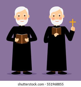 Pastor character with cross and Bible isolated on violet background. Vector illustration