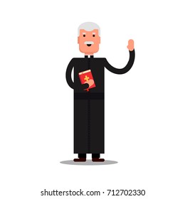 Pastor character standing with bible isolated on white background. Preacher man flat style - Vector stock illustration