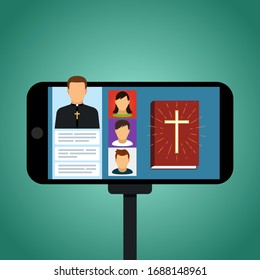 the pastor conducts church services online. Home church during quarantine due to coronavirus Covid-19. Online church of Jesus Christ. vector illustration