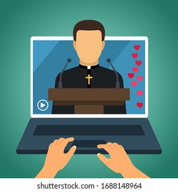 the pastor conducts church services online. Home church during quarantine due to coronavirus Covid-19. Online church of Jesus Christ. vector illustration