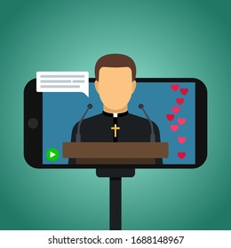 the pastor conducts church services online. Home church during quarantine due to coronavirus Covid-19. Online church of Jesus Christ. vector illustration