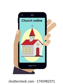 The pastor conducts church services online. Home church during quarantine due to Covid-19 coronavirus. An online church using gadgets. Vector illustration, flat postcard.