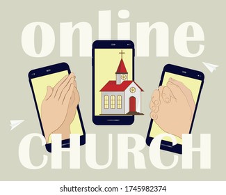 The pastor conducts church services online. Home church during quarantine due to Covid-19 coronavirus. An online church using gadgets. Vector illustration, flat postcard.