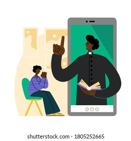 The pastor conducts church services online. African American man prays in front of a smartphone. Concept Church and Liturgy online. Internet Church.