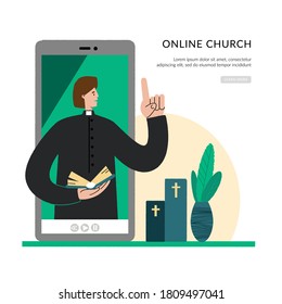  The pastor conducts church services online. Concept Church and Liturgy online. Internet Church, Landing page template.