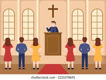Pastor Giving a Sermon of God in Cassock at a Catholic Church from Pulpit and Baptism in Flat Cartoon Hand Drawn Templates Illustration