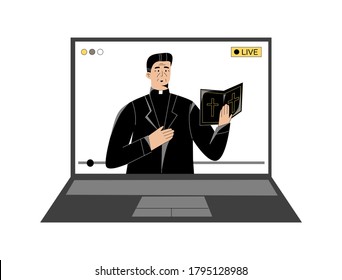 Pastor With A Holy Bible Giving Online Church Service, Sermon Online, Video Live Streaming On Laptop. Sermons And Modern Technology, Watch Online Worship, Priest Praying Online. Modern Church Concept