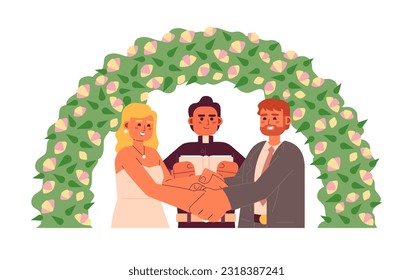 Pastor officiating bride groom wedding semi flat colorful vector characters. Happy couple under floral arch. Editable half body people on white. Simple cartoon spot illustration for web graphic design