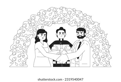 Pastor officiating bride groom wedding monochromatic flat vector characters. Happy couple under arch. Editable thin line half body people on white. Simple bw cartoon spot image for web graphic design