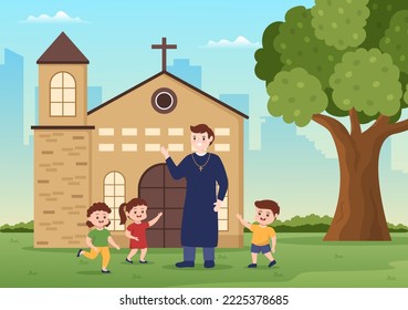 Pastor is Playing with Some Kids in Front of the Inner Catholic church in Flat Cartoon Hand Drawn Template Illustration