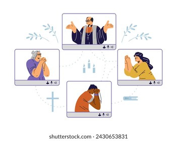 Pastor and praying people, online sermon flat style, vector illustration isolated on white background. Decorative design element, religion and modern technologies, church