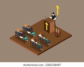 Pastor preaching in a church isometric 3d vector illustration concept