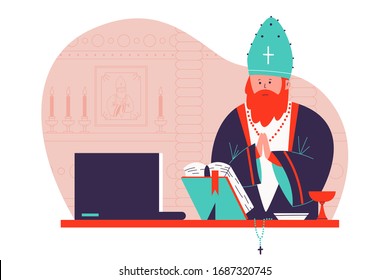 Pastor preaching in the church online vector cartoon illustration.